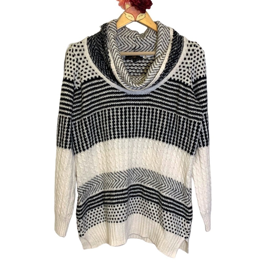 GB sweater black white stripe cowl neck cashmere blend tunic size large